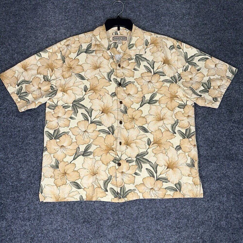 Jamaica Jaxx Shirt Mens Large Yellow Silk Floral Hawaiian Short Sleeve‎ Adult